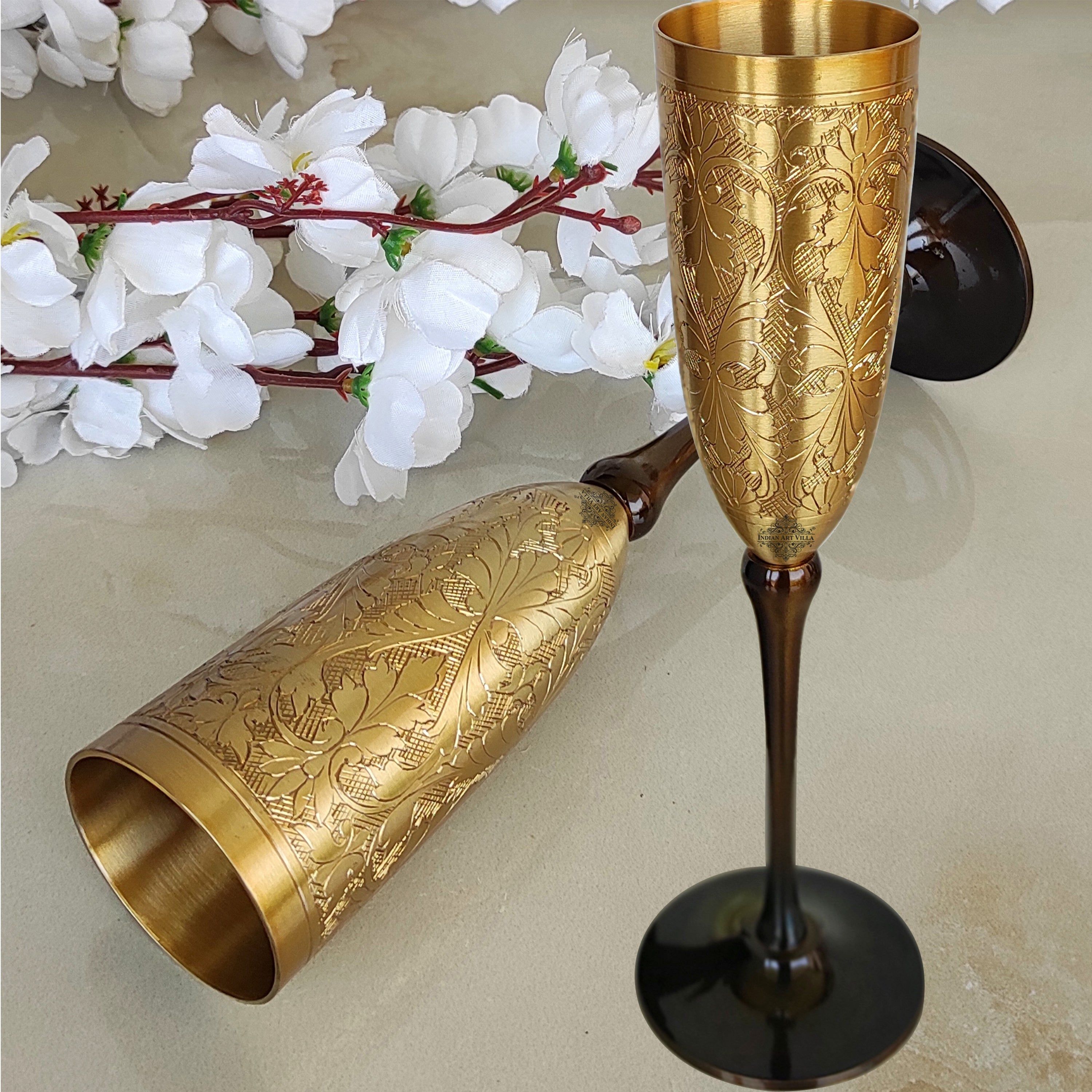 Brass Matt Finish Plain & Embossed Design Flute Champagne, 2 Glasses - 200 ML